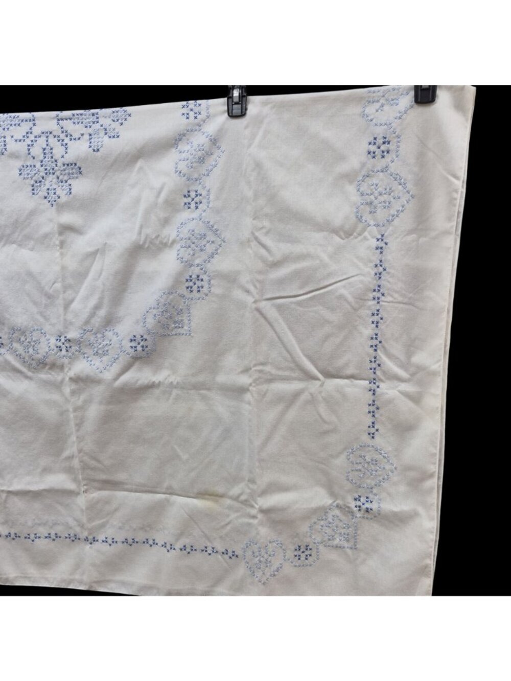 Vintage Hand Embroidered White Tablecloth Blue Cross-Stitch Heart Floral Cotton - Picture 2 of 14